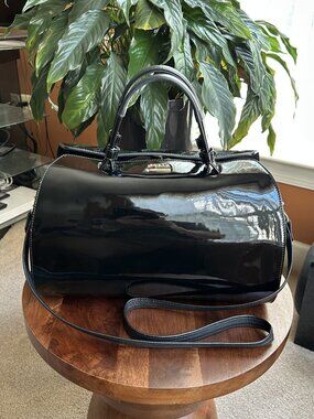 FURLA Leather and Patent Two-Way Boston Bag, Black